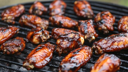 Closeup of chicken wings with barbecue sauce grilling on a black grill.