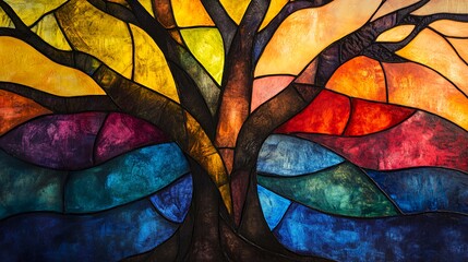 Sticker - Abstract stained glass window with a tree and colorful shapes.