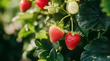 Canvas Print - Ripe strawberries growing on lush green plants in a sunny garden during the summer season