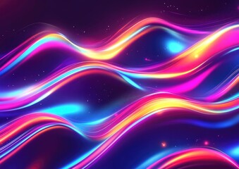 Poster - Glossy neon light waves create a vibrant glowing effect This digital abstract background features a futuristic 2D cartoon illustration with shiny elements
