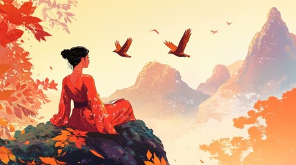 Book festival theme featuring a woman observing birds against a mountainous backdrop embodying fantasy dreams and imagination in a colorful 2D cartoon style