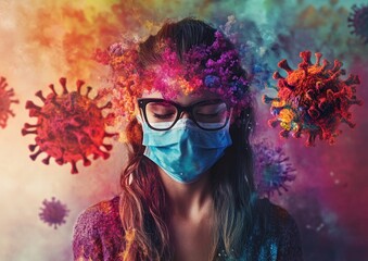 Colorful clad girl wearing a mask amid a depiction of the coronavirus