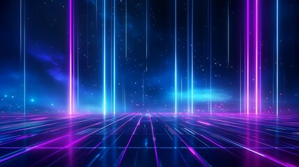 Poster - Futuristic neon visual with vibrant blue and pink lines, creating a dynamic abstract background.