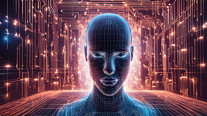 Visually represent the flow of data or light in the form of a human, Add digital patterns or flows around the head to make it look like the AI ​​is understanding human thoughts.