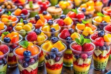 Wall Mural - Vibrant fruit smoothie cups, a signature street food in Myeongdong, Seoul, offer a refreshing and nutritious treat,