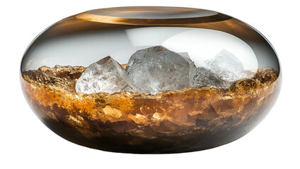 Wall Mural - close-up of a glass sphere with a brown and black color scheme. The sphere appears to be made of glass and has a smooth surface. Inside the sphere, there are several ice cubes of different sizes and s