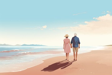 Wall Mural - senior couple grandma and grandpa walk on the beach in summer illustration