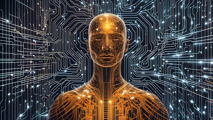 Visually represent the flow of data or light in the form of a human, Add digital patterns or flows around the head to make it look like the AI ​​is understanding human thoughts.