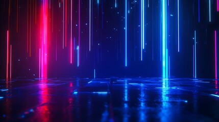 Poster - vibrant neon light beams in blue and red create a stunning visual effect against a reflective surfac