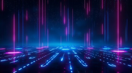 Poster - vibrant neon light patterns in a futuristic digital landscape with glowing lines and dots.