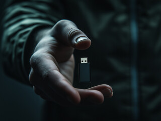  a man holding USB drive in one hand