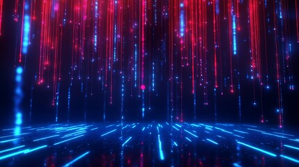 Poster - vibrant neon light streaks in red and blue creating a dynamic digital background.