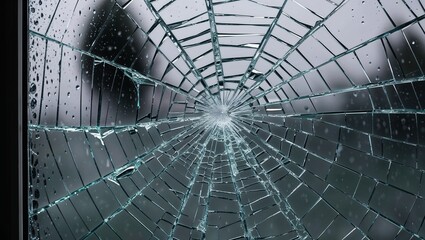close-up shot of a shattered glass window. The glass is broken in a spiderweb pattern