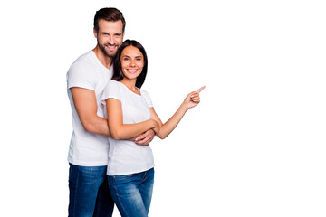 Aufkleber - Pair in love standing piggy back indicating on crazy sale wear casual outfit isolated blue background