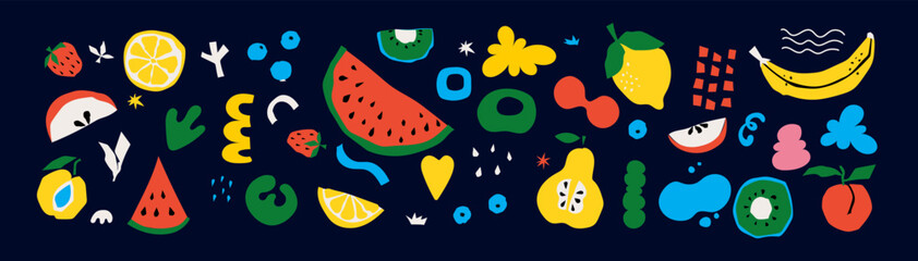 Organic food banner in flat style. Fruits and cereals geometry minimalistic with simple shape and figure. Great for flyer, web poster, natural products presentation templates, cover design.