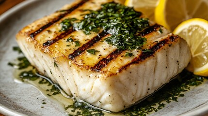 Close-up of grilled fish fillet with lemon and herbs on a plate.