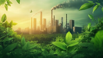 Wall Mural - green factory industry leading the way in energy saving and eco-friendly practices, focusing on low carbon footprint production to protect the environment and ozone air