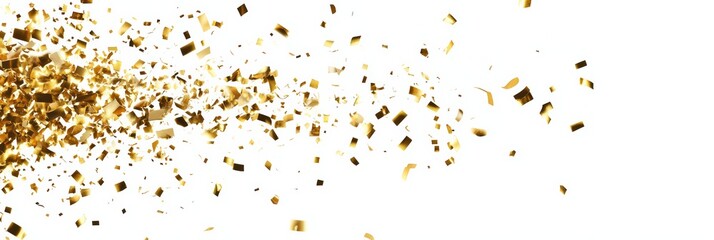 Poster - Golden confetti explosion on a bright white background. Ideal for Christmas, New Year's Eve, and holiday celebrations.