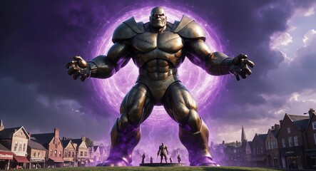An imposing bronze giant surrounded by a mystical purple light casting shadows over a town