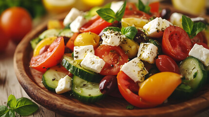 A close-up of a Greek salad with feta cheese, tomatoes, cucumbers, olives, and herbs on a wooden plate.