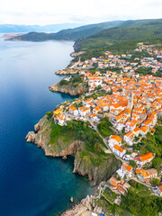 Vertical scenery of old town Vrbnik, Croatia. Beautiful ancient town on Adriatic coast. Concept travel Europe destination 