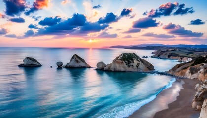 Wall Mural - Stunning panoramic sunset over Petra tou Romiou, the legendary birthplace of Aphrodite, showcasing the beauty of Paphos and the Mediterranean Sea.