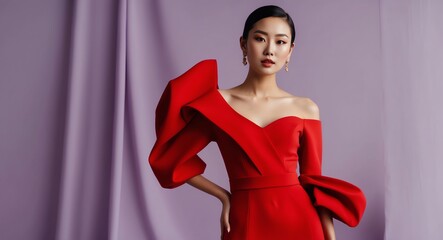 Bold Asian model in a radiant red off shoulder dress on a soft lilac backdrop