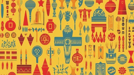 a colorful pattern of different objects on a yellow background