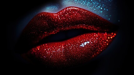 Poster - Glossy lips adorned with a vibrant shine, showcasing a bold and captivating look in a striking close-up view. Generative AI