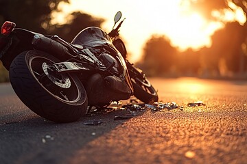 Motorcycle lies on its side on a quiet country road at sunset, with debris scattered on the asphalt, conveying a sense of danger and risk