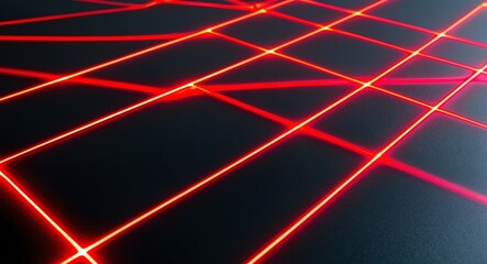 Wall Mural - Bright red laser beams crisscrossing in zigzag patterns over a flat black surface giving an electrifying feel