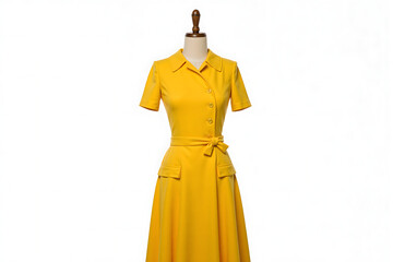 A 60s retro style full length, one piece women's plain yellow color dress for work, office or casual wear. Stylish olden days ladies fashion clothing on mannequin model, isolated on white background.