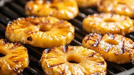 Close-up of grilled pineapple rings on a grill.