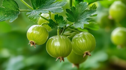 Canvas Print - Fresh green gooseberries hanging on a bush surrounded by lush green foliage in warm sunlight during summer