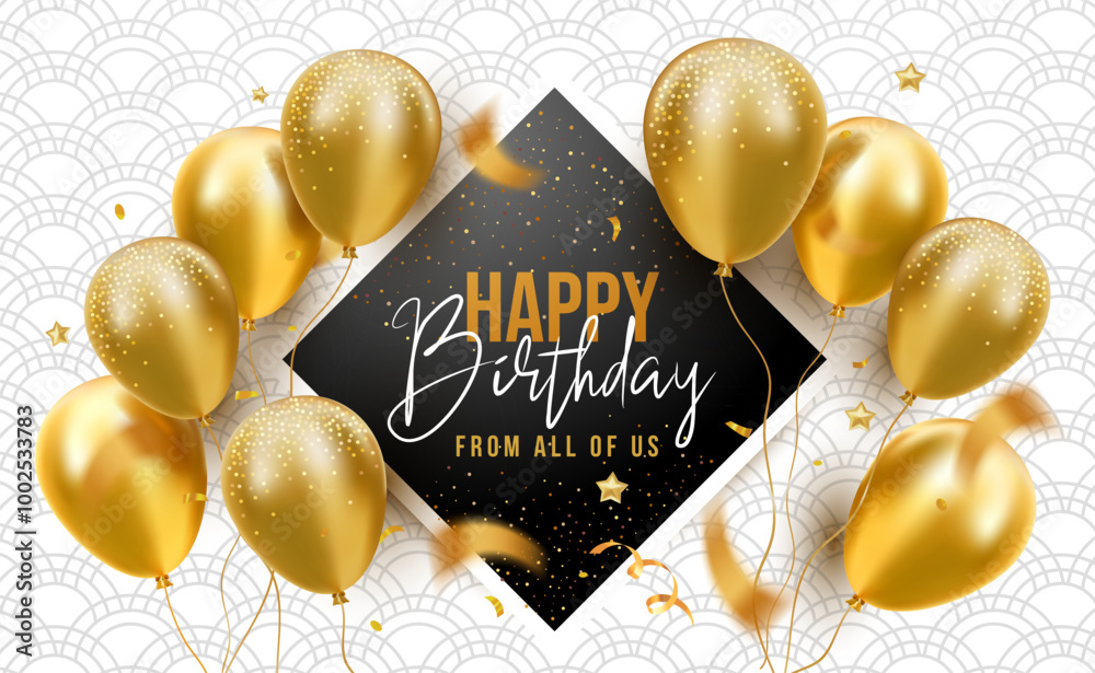 Vector happy birthday illustration with flying balloon and text. 3d ...