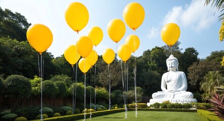 Cheerful yellow balloons rising in a lush garden featuring a giant white Buddha statue