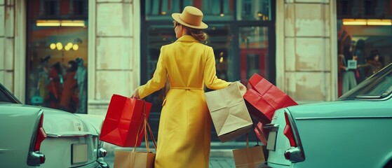 A woman in a yellow coat stands between cars with shopping bags in a city setting. Background buildings suggest a bustling shopping scene.