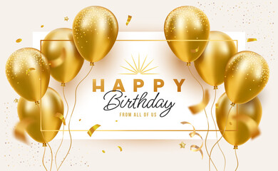 vector happy birthday realistic template design of shine golden air helium balloon on white backgrou