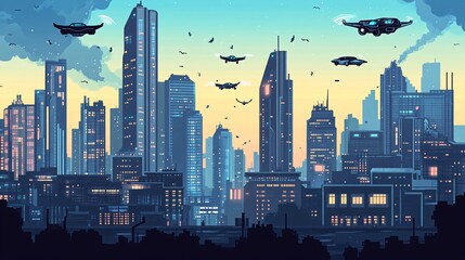 Futuristic cityscape with flying cars, skyscrapers and a sunset sky.