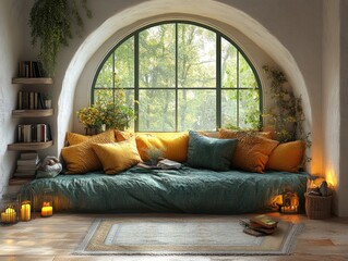 Cozy reading nook with cushions and candles by an arched window in a rustic living room