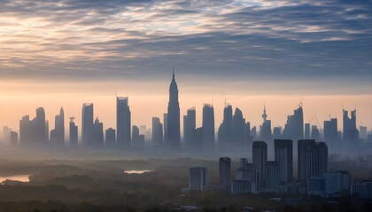 Dusk skyline view of skyscrapers from Monumen Nasional in Jakarta, framed by lush greenery of the city park