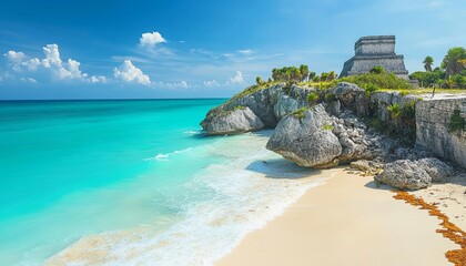 Ancient Mayan Ruins Overlooking Turquoise Caribbean Sea, Tulum, Yucatan Peninsula, Mexico