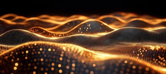 Abstract Particles Waves Background Glowing Orange, Gold Swirling Effect in 3D Scene.