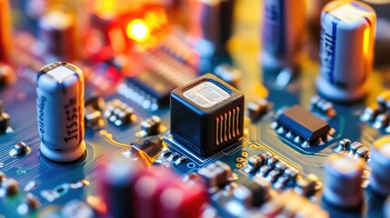 Poster - A close-up of a capacitor and resistor connected on a prototype circuit board for testing.