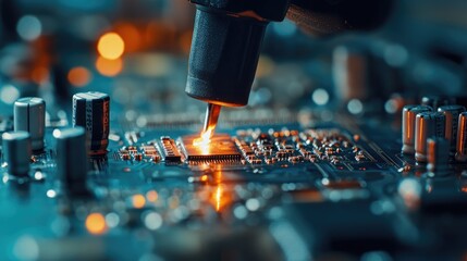 Poster - A close-up of a soldering iron being used to fix a printed circuit board in a lab.