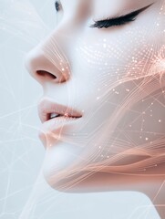 Fototapete - Abstract skincare procedure diagram featuring lines and dots on a serene profile against a light background. Generative AI