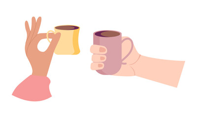 Hands with hot drink cups. Beverages ceramic mugs