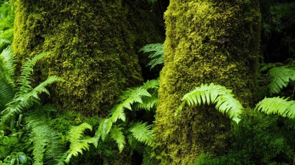 A close-up of moss-covered tree trunks in a temperate rainforest, with ferns growing at the base, capturing the rich textures of nature.