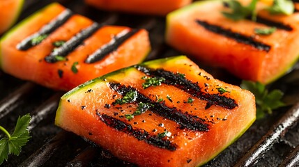 Sticker - Close-up of grilled watermelon slices on a black grill.