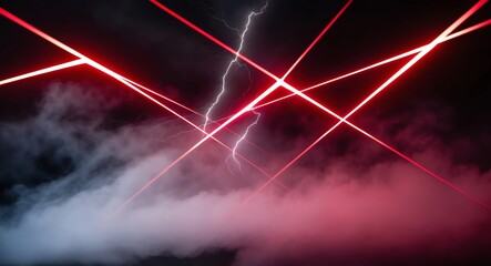 Wall Mural - Glowing red rays forming sharp zigzag patterns on a dark smoky backdrop reminiscent of lightning